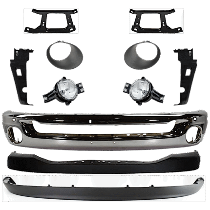 Replacement 11-Piece Kit, Front Bumper, Chrome, Includes (1) Bumper, (4) Bumper Bracket, (1) Bumper Cover, (2) Fog Light, (2) Fog Light Trim, and (1) Valance