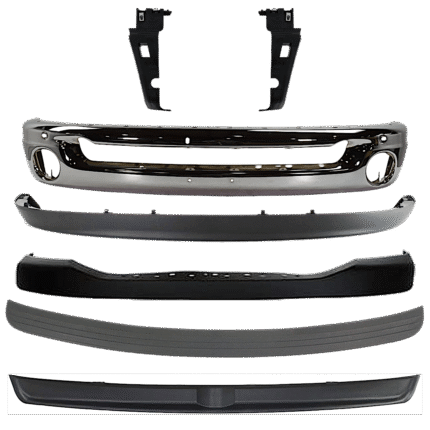 Replacement 7-Piece Kit, Front Bumper, Chrome, Includes (1) Bumper, (2) Bumper Bracket, (1) Bumper Cover, (2) Bumper Trim, and (1) Valance