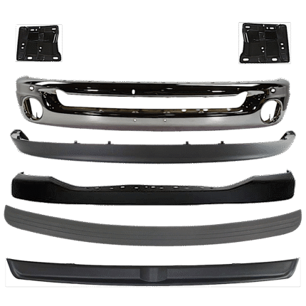 Replacement 7-Piece Kit Front Bumper, Chrome, Includes (1) Bumper, (2) Bumper Bracket, (1) Bumper Cover, (2) Bumper Trim, and (1) Valance