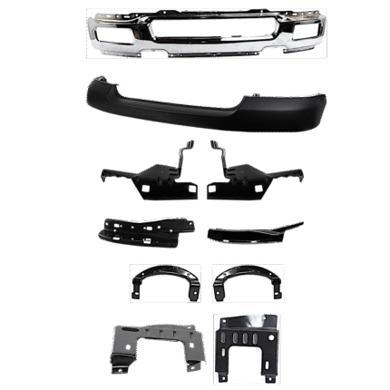 Replacement 10-Piece Kit, Front Bumper, Chrome, Includes (1) Bumper, (8) Bumper Bracket, and (1) Bumper Cover