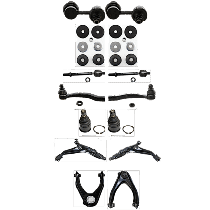 TrueDrive 14-Piece Kit Front, Driver and Passenger Side, Upper and Lower Control Arms, Includes (2) Ball Joint, (4) Control Arm, (2) Strut Mount Bushing, (2) Sway Bar Link, and (4) Tie Rod End
