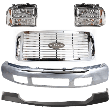 Replacement 5-Piece Kit, Front Bumper, For Models Without Fender Flare Holes, Chrome, Includes (1) Bumper, (1) Bumper Cover, (1) Grille Assembly, and (2) Headlight