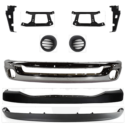 Replacement 9-Piece Kit Front Bumper, Chrome, Includes (1) Bumper, (4) Bumper Bracket, (1) Bumper Cover, (2) Fog Light Cover, and (1) Valance