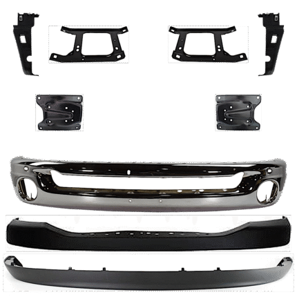 Replacement 9-Piece Kit, Front Bumper, Chrome, Includes (1) Bumper, (6) Bumper Bracket, (1) Bumper Cover, and (1) Valance