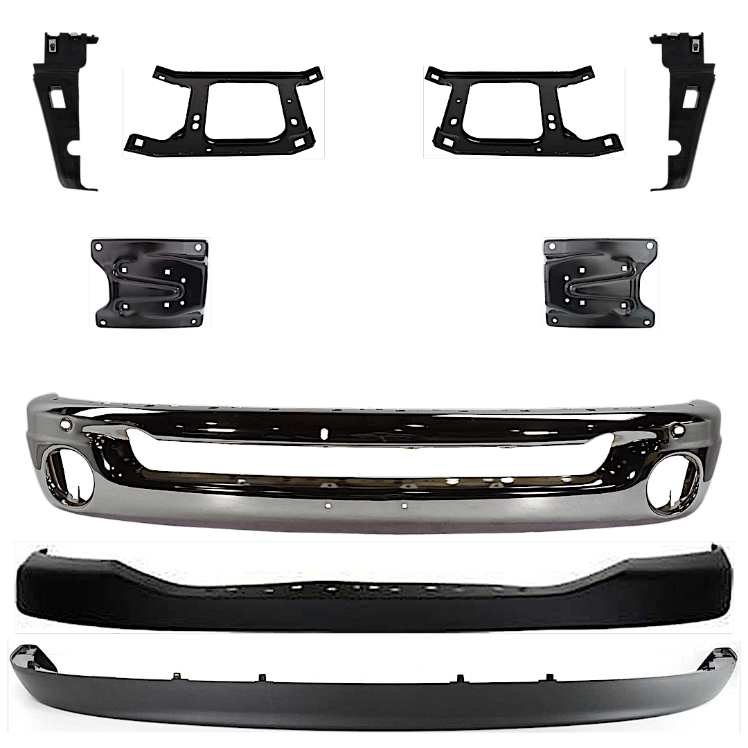 kit-071824-c33_1.png Replacement 9-Piece Kit, Front Bumper, Chrome, Includes (1) Bumper, (6) Bumper Bracket, (1) Bumper Cover, and (1) Valance - Image 1