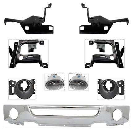 Replacement 9-Piece Kit, Front Bumper, Chrome, Includes (1) Bumper, (4) Bumper Bracket, (2) Fog Light, and (2) Fog Light Bracket