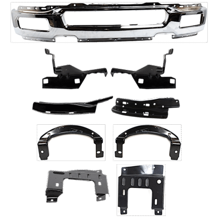 Replacement 9-Piece Kit Front Bumper, Chrome, Includes (1) Bumper and (8) Bumper Bracket