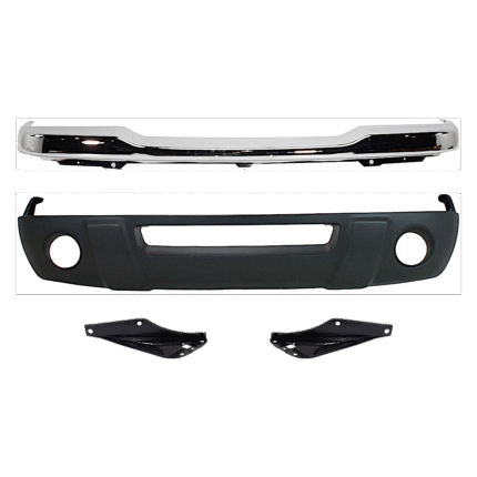 Replacement 4-Piece Kit, Front Bumper, Four Wheel Drive, For Models Without FX4 Off-Road Package and With Fog Light Holes, Chrome, Includes (1) Bumper, (2) Bumper Bracket, and (1) Valance