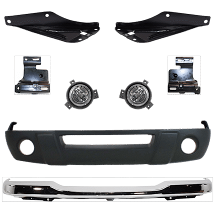Replacement 8-Piece Kit, Front Bumper, Four Wheel Drive, For Models Without FX4 Off-Road Package and With Fog Light Holes, Chrome, Includes (1) Bumper, (4) Bumper Bracket, (2) Fog Light, and (1) Valance