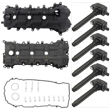 JC Whitney 8-Piece Kit Driver and Passenger Side Valve Cover with Ignition Coils, 6 Cylinder, 3.2L/3.6L Engine
