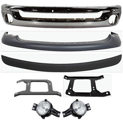 Replacement 7-Piece Kit, Front Bumper, Chrome, Includes (1) Bumper, (2) Bumper Bracket, (1) Bumper Trim, (2) Fog Light, and (1) Valance