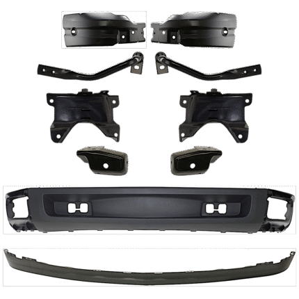 Replacement 10-Piece Kit, Front, Lower Valance, Air Deflector, Textured Black, w/o Tow Hook Holes, Includes Bumper Bracket And Bumper End