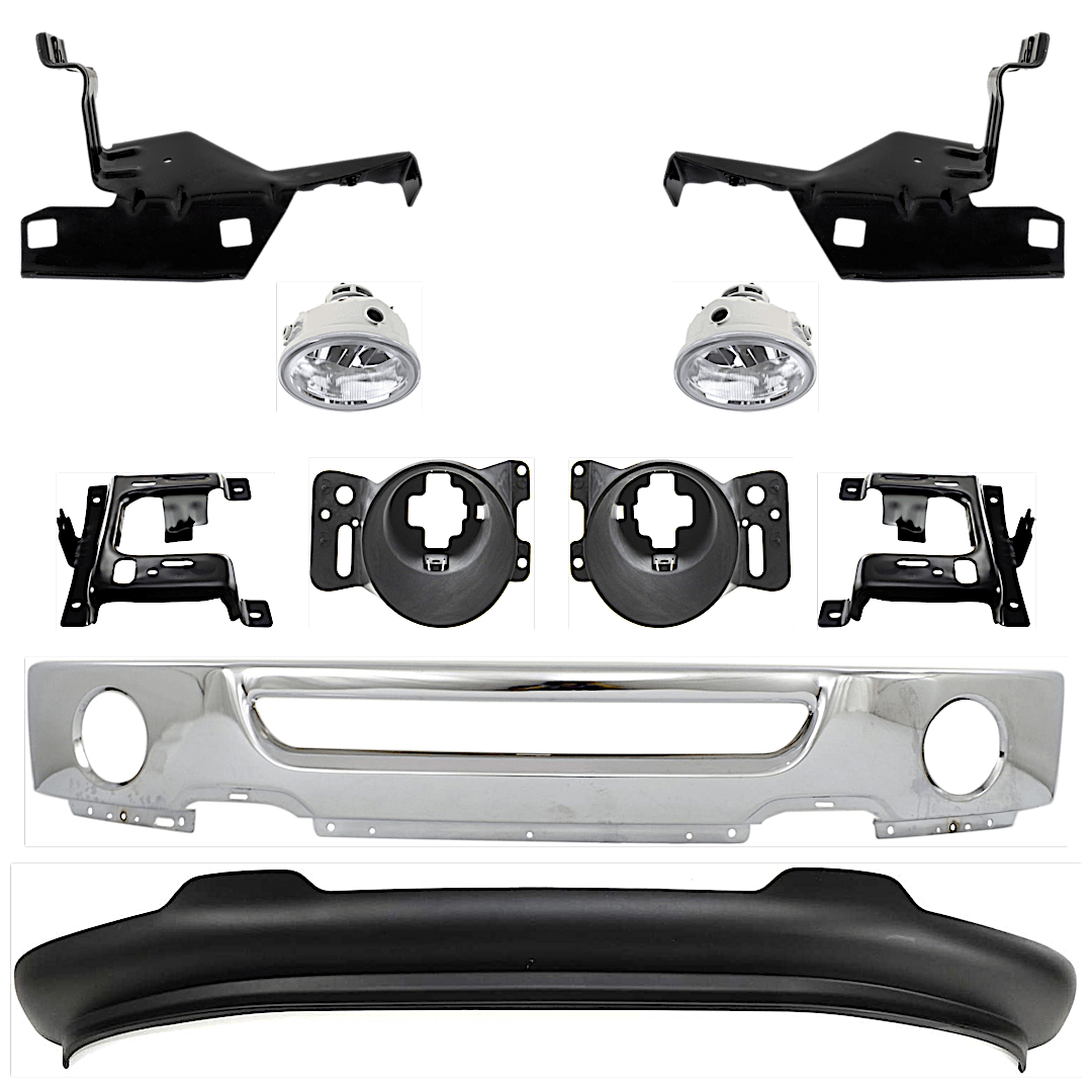 kit-072324-c05_1.png Replacement 10-Piece Kit, Front Bumper, Chrome, Includes (1) Bumper, (4) Bumper Bracket, (2) Fog Light, (2) Fog Light Bracket, and (1) Valance - Image 1