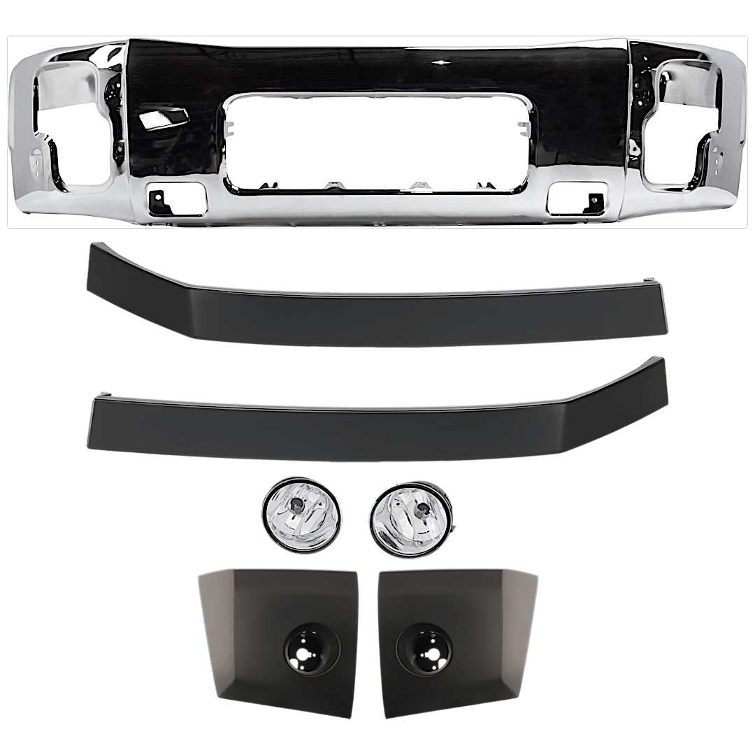 kit-072324-c127_1.png Replacement 7-Piece Kit, Front Bumper, Chrome, Includes (1) Bumper, (2) Bumper End, (2) Bumper Trim, and (2) Fog Light - Image 1