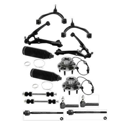 TrueDrive 14-Piece Kit Front, Driver and Passenger Side, Upper and Lower Control Arms, Includes (4) Control Arm, (2) Steering Rack Boot, (2) Sway Bar Link, (4) Tie Rod End, and (2) Wheel Hub