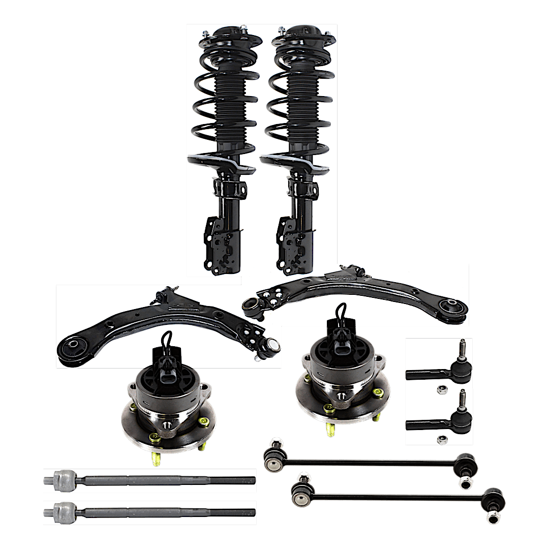 kit-072324-c73_1.png TrueDrive 12-Piece Kit Front, Driver and Passenger Side Suspension Kit, Includes (2) Control Arm, (2) Loaded Strut, (2) Sway Bar Link, (4) Tie Rod End, and (2) Wheel Hub - Image 1