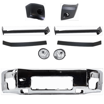 Replacement 9-Piece Kit, Front Bumper, Chrome, Includes (1) Bumper, (2) Bumper Bracket, (2) Bumper End, (2) Bumper Trim, and (2) Fog Light