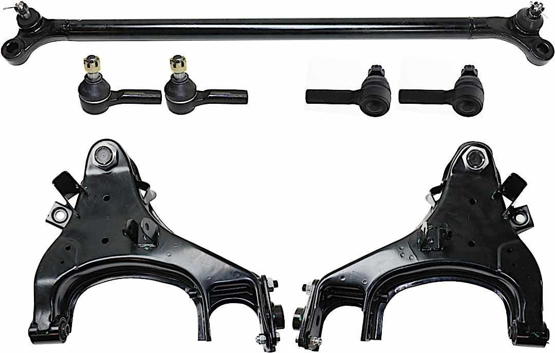 kit-072518-20_1.jpg TrueDrive 7-Piece Kit Front, Driver and Passenger Side, Lower Control Arm Kit, Includes (1) Center Link, (2) Control Arm, and (4) Tie Rod End - Image 1