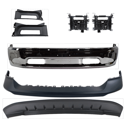 Replacement 7-Piece Kit, Front, Lower Bumper, Chrome, Includes (1) Bumper, (2) Bumper Bracket, (1) Bumper Cover, (2) Bumper Trim, and (1) Valance