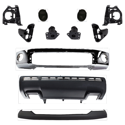 Replacement 11-Piece Kit, Front Bumper, Chrome, Includes (1) Bumper, (6) Bumper Bracket, (1) Bumper Cover, (2) Fog Light Cover, and (1) Valance