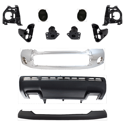 Replacement 11-Piece Kit, Front Bumper, Chrome, Includes (1) Bumper, (6) Bumper Bracket, (1) Bumper Cover, (2) Fog Light Cover, and (1) Valance