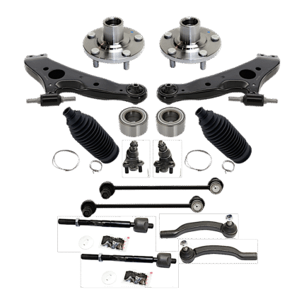 TrueDrive 16-Piece Kit Front, Driver and Passenger Side, Lower Control Arm with Ball Joints, Steering Rack Boots, Sway Bar Links, Tie Rod Ends, Wheel Bearings, and Wheel Hubs
