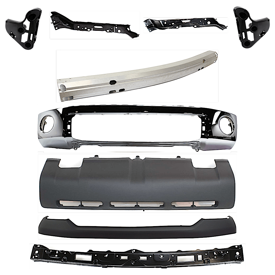kit-072924-c838_1.png Replacement 9-Piece Kit, Front Bumper, Chrome, Includes (1) Bumper, (2) Bumper Bracket, (1) Bumper Cover, (1) Bumper Reinforcement, (3) Bumper Retainer, and (1) Valance - Image 1