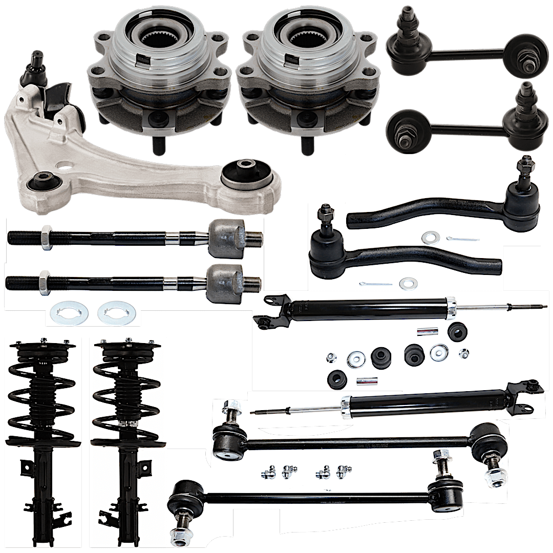 kit-080124-70_1.png TrueDrive 15-Piece Kit Front and Rear, Driver and Passenger Side Suspension Kit, Includes (1) Control Arm, (2) Loaded Strut, (2) Shock Absorber, (4) Sway Bar Link, (4) Tie Rod End, and (2) Wheel Hub - Image 1