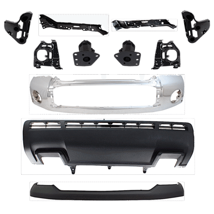 Replacement 11-Piece Kit, Front Bumper, For Models with Steel Bumper, Chrome, Includes (1) Bumper, (6) Bumper Bracket, (1) Bumper Cover, (2) Bumper Retainer, and (1) Valance