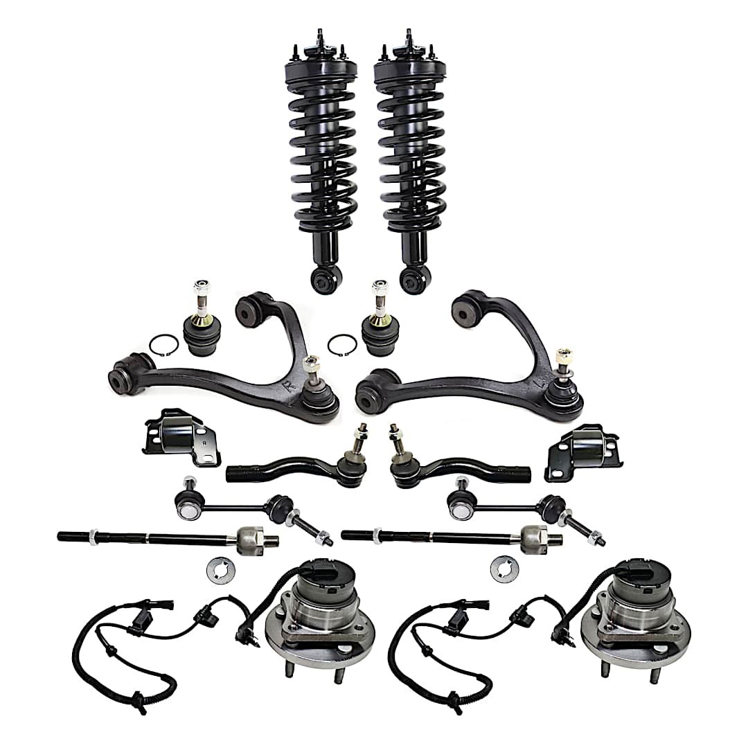 kit-080317-98_1.jpg TrueDrive 16-Piece Kit Front, Driver and Passenger Side Fully Loaded Strut Includes Ball Joints, Control Arm Bushings, Control Arms, Sway Bar Links, Tie Rod Ends, and Wheel Hubs, Sedan - Image 1