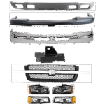 Replacement 12-Piece Kit, Front Bumper, Chrome, Includes (1) Bumper, (4) Bumper Bracket, (1) Bumper Cover, (1) Grille, (2) Headlight, (2) Turn Signal Light, and (1) Valance