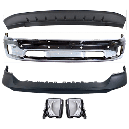 Replacement 5-Piece Kit, Front Bumper, For Models With Two Piece Bumper Type, Chrome, Includes (1) Bumper, (1) Bumper Cover, (2) Fog Light, and (1) Valance