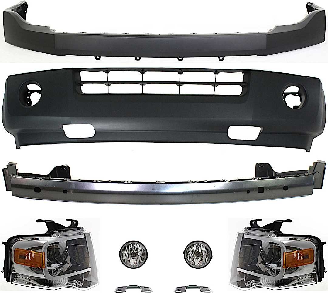 kit-101717-09_1.jpg Replacement 9-Piece Kit Driver and Passenger Side Halogen Headlight, With bulb(s), OE Replacement, Includes (2) Bumper Cover, (2) Bumper Bracket, (1) Bumper Reinforcement, (2) Fog Light and (2) Headlight - Image 1