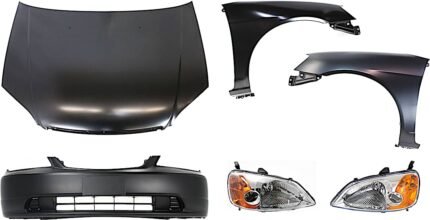 Replacement 6-Piece Kit Factory Style Hood, Sedan, Steel, Primed, Includes (1) Bumper Cover, (2) Fender, (2) Headlight, and (1) Hood