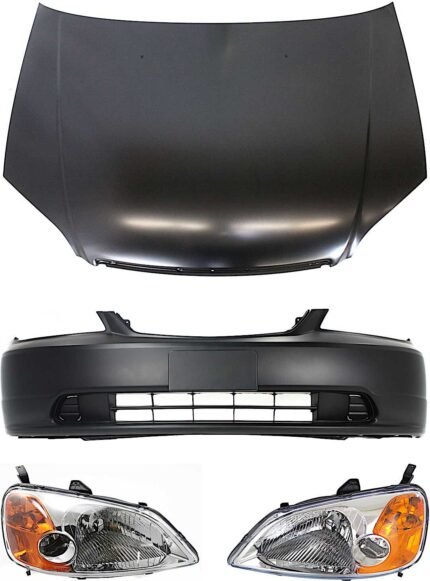 Replacement 4-Piece Kit Factory Style Hood, Sedan, Steel, Primed, Includes (1) Bumper Cover, (2) Headlight, and (1) Hood