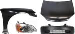 Replacement 4-Piece Kit Factory Style Hood, Sedan, Steel, Primed, Includes (1) Bumper Cover, (1) Fender, (1) Headlight, and (1) Hood