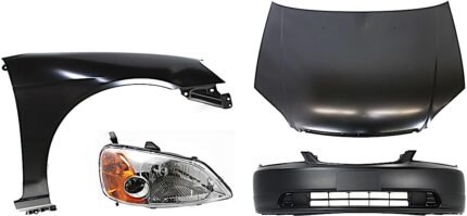 Replacement 4-Piece Kit Factory Style Hood, Sedan, Steel, Primed, Includes (1) Bumper Cover, (1) Fender, (1) Headlight, and (1) Hood
