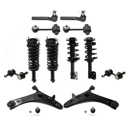 JC Whitney 12-Piece Kit Front and Rear Suspension Kit, Includes (2) Control Arm, (4) Shock Absorber and Strut Assembly, (4) Sway Bar Link, and (2) Tie Rod End