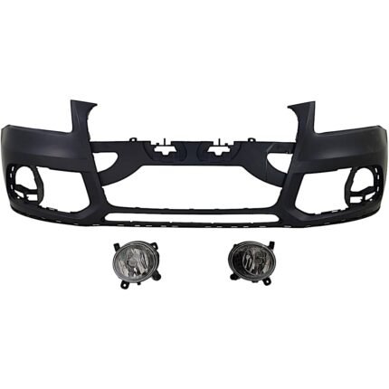 Replacement 3-Piece Kit Front Primed Bumper Cover, For Models Without S-Line Package, Headlight Washer and Parking Aid Sensor, Includes (1) Bumper Cover and (2) Fog Light