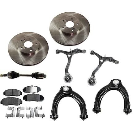 JC Whitney 9-Piece Kit Front, Passenger Side Axle Assembly with Brake Discs, Brake Pad Sets, and Control Arms, Automatic Transmission