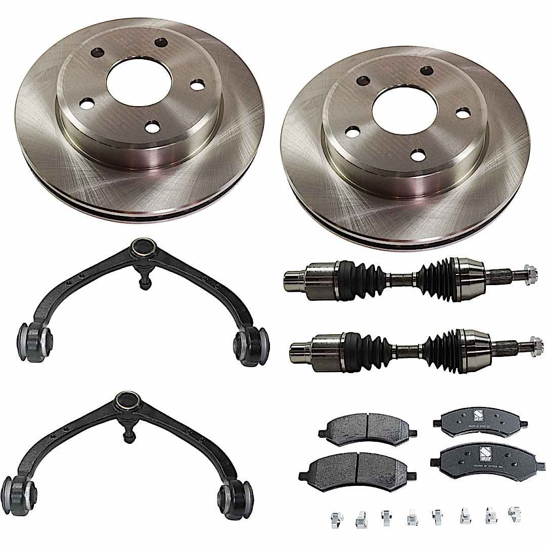 kit-j022222-001_1.jpg JC Whitney 8-Piece Kit Front Axle Assembly with Brake Discs, Brake Pad Set, and Control Arms, Four Wheel Drive - Image 1