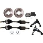 JC Whitney 8-Piece Kit Front, Driver and Passenger Side Axle Assembly, includes (2) Axle Assembly, (2) Brake Disc, (1) Brake Pad Set, and (2) Control Arm, 6 Lugs, 12.56 in.Disc Diameter, 4WD, 4-Piston Caliper