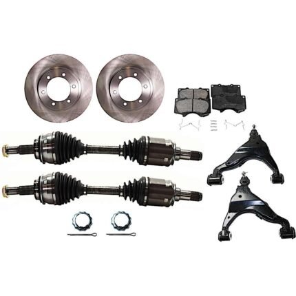 JC Whitney 8-Piece Kit Front, Driver and Passenger Side Axle Assembly, includes (2) Axle Assembly, (2) Brake Disc, (1) Brake Pad Set, and (2) Control Arm, 6 Lugs, 12.56 in.Disc Diameter, 4WD, 4-Piston Caliper