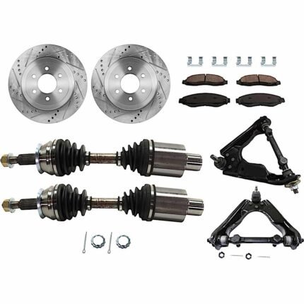 JC Whitney 8-Piece Kit Front, Driver and Passenger Side Axle Assembly, Four Wheel Drive, Includes Brake Discs, Brake Pad Sets, and Control Arms