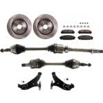 JC Whitney 8-Piece Kit Front, Driver and Passenger Side Axle Assembly, includes (2) Axle Assembly, (2) Brake Disc, (1) Brake Pad Set, and (2) Control Arm