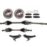 JC Whitney 8-Piece Kit Front, Driver and Passenger Side Axle Assembly, includes (2) Axle Assembly, (2) Brake Disc, (1) Brake Pad Set, and (2) Control Arm