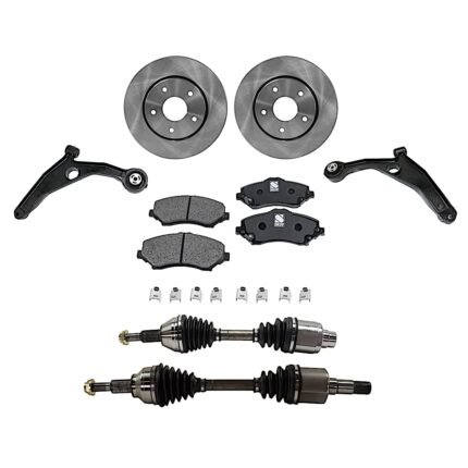 JC Whitney 8-Piece Kit Front, Driver and Passenger Side Axle Assembly with Brake Discs, Brake Pad Set, and Control Arms, Front Wheel Drive