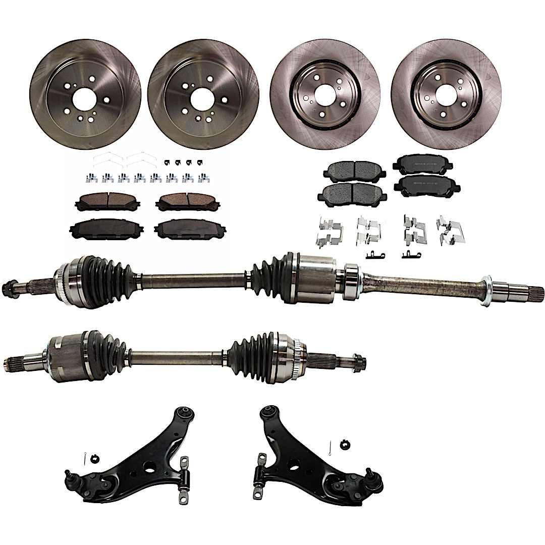 kit-j030422-0109_1.jpg JC Whitney 12-Piece Kit Front, Driver and Passenger Side Axle Assembly with Brake Discs, Brake Pad Sets, and Control Arms, Front Wheel Drive - Image 1