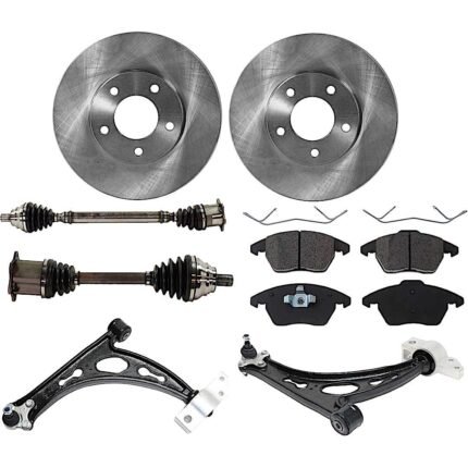 JC Whitney 8-Piece Kit Front Axle Assembly with Brake Discs, Brake Pad Set, and Control Arms, Sedan, Front Wheel Drive, Automatic Dual Clutch Transmission, Diesel