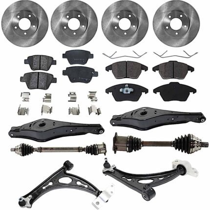 JC Whitney 14-Piece Kit Front Axle Assembly, Automatic Dual Transmission, For Models with 288mm Front Disc, 272mm Rear Disc, Includes (2) Axle Assembly, (4) Brake Disc, (2) Brake Pad Set, and (4) Control Arm